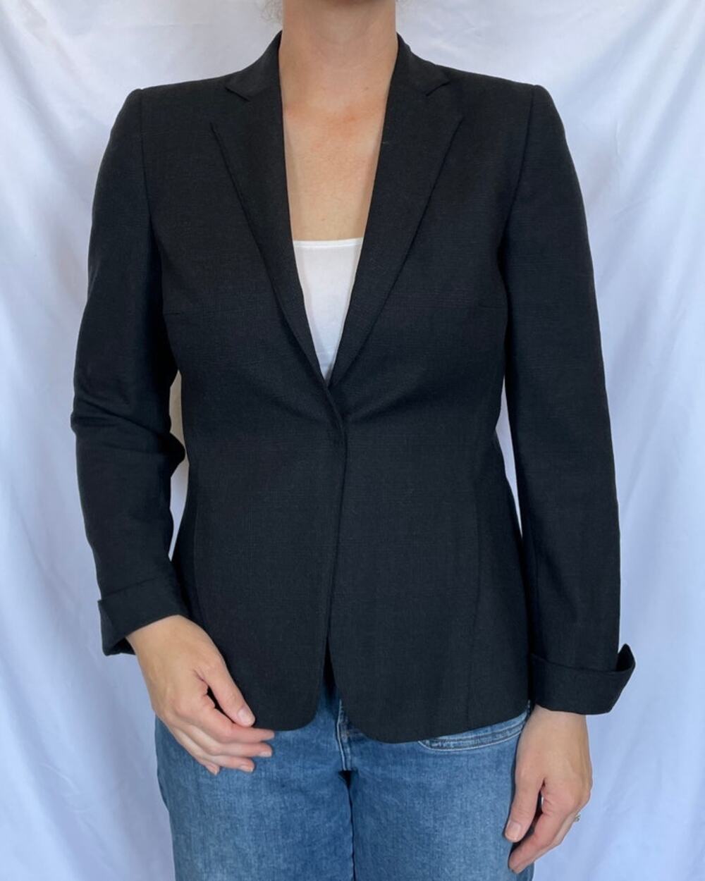 Women's Akris Punto Charcoal Gray Stretch Wool Blazer Coat, Single Button, US 8
